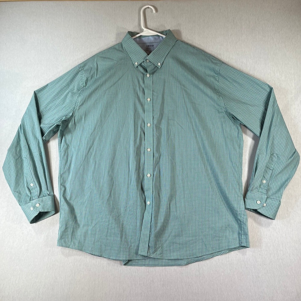 IZOD Advantage Performance Shirt Men 2XL XXL Slim Fit Green Blue Button Down